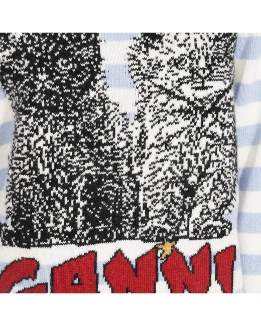 Ganni Blue Striped Graphic Cat Jumper