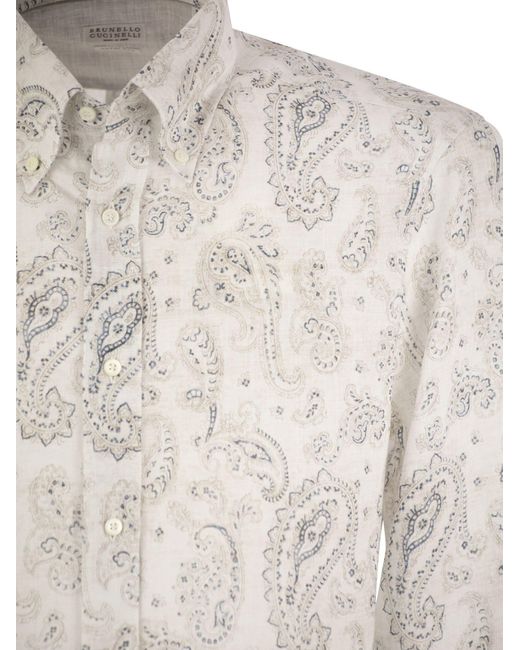 Brunello Cucinelli White Paisley-Printed Long-Sleeved Shirt for men