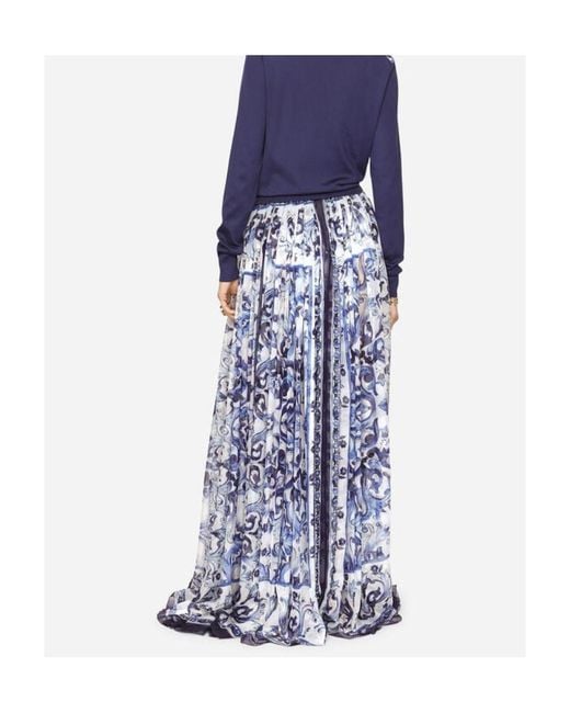 Dolce & Gabbana Blue Long Majolica-Printed Chiffon Skirt