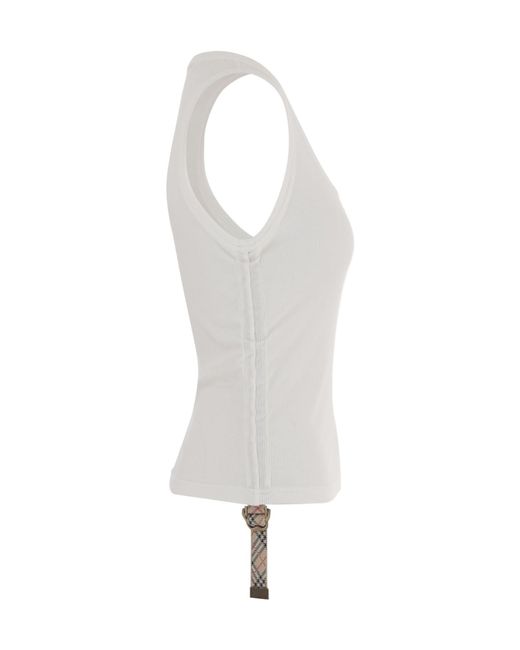 Burberry White Checked-Strap Ruched Ribbed Tank Top