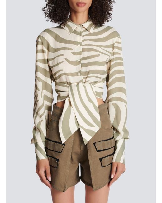 Balmain White Animal Printed Cropped Shirt
