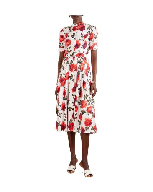Carolina Herrera Red Floral-Print Cotton-Blend Poplin Midi Dress