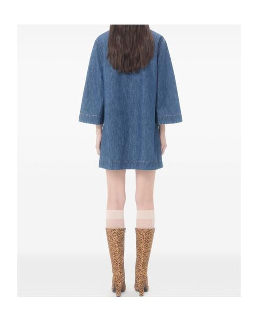 Valentino Blue Logo Plaque V-Neck Denim Dress