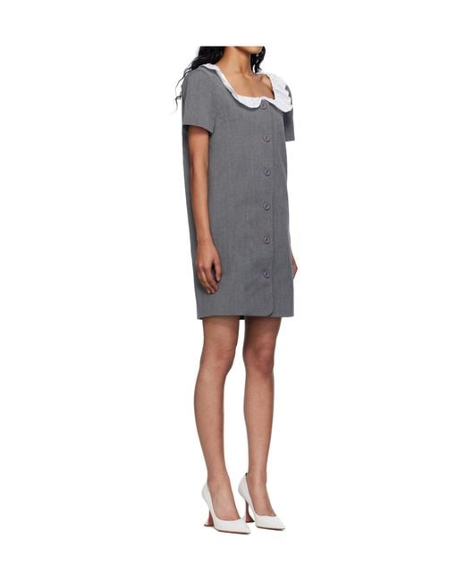 Pushbutton Blue Ruffled Collar Mini Dress
