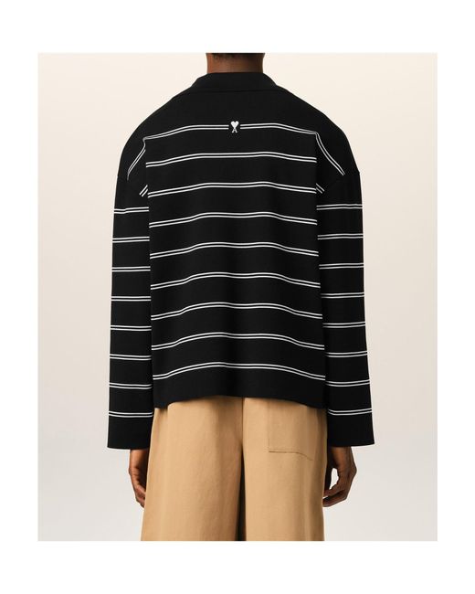 AMI Black Striped Cotton Polo With Ami Patch for men