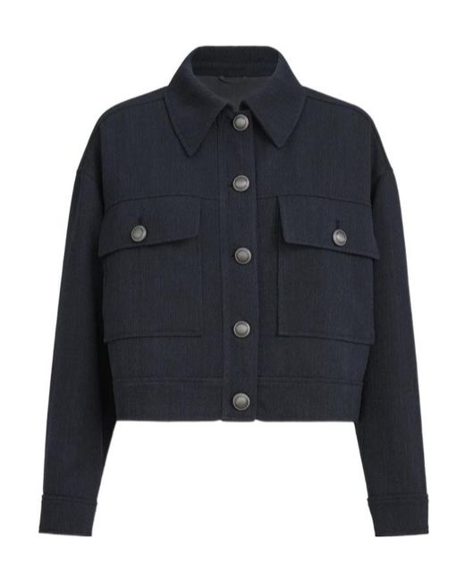 Brunello Cucinelli Blue Virgin-Wool Crêpe Chevron Cropped Outerwear Jacket With Monili