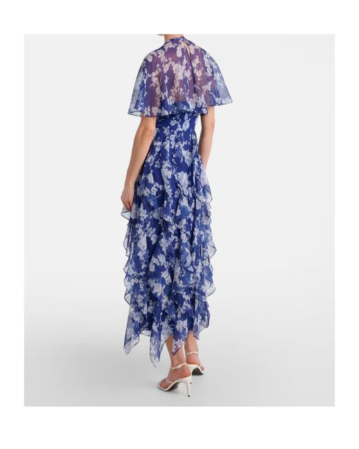 Carolina Herrera Blue Floral Ruffled Chiffon Midi Dress