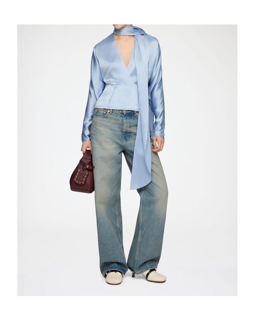 Ganni Blue Scarf Detail Kimono Sleeve Top