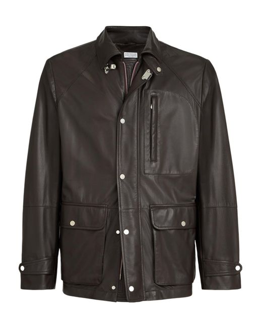 Brunello Cucinelli Black Pocket Calf Leather Jacket for men