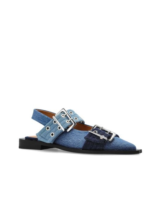 Ganni Blue Buckled Slingback Flat Shoes
