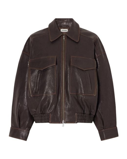 Staud Brown Oversized Textured-Leather Bomber Jacket