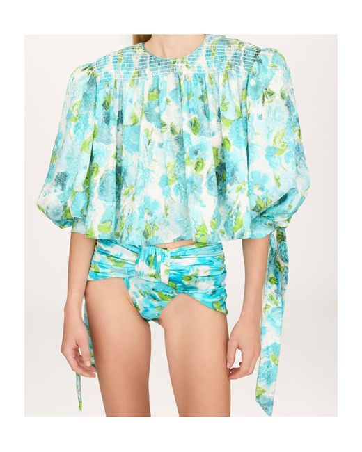 Chloé Blue Chloé Smocked Floral Tie-Sleeve Top