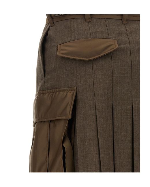 Sacai Brown Asymmetrical Pleated Midi Skirt