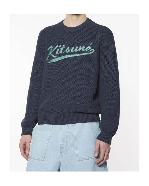 Maison Kitsuné Blue Maison Kitsuné Logo Embroidered Knit Jumper for men