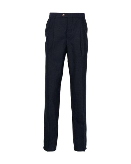 Brunello Cucinelli Blue Pressed Crease Slim-Fit Trousers for men