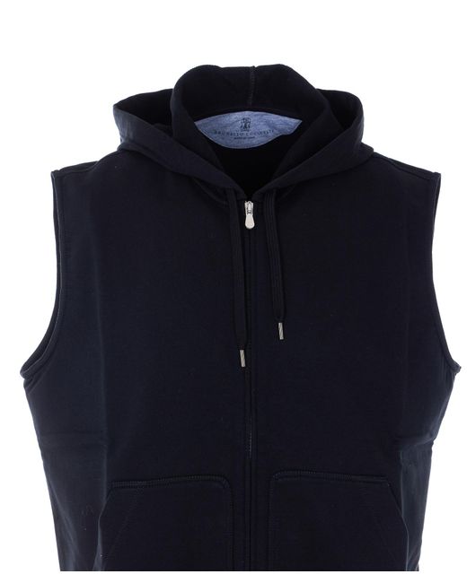 Brunello Cucinelli Blue Zip-Up Sleeveless Drawstring Hoodie for men