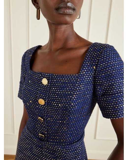 Carolina Herrera Blue Tie-Waist Tweed Dress