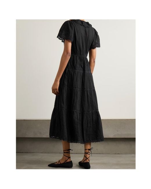 Doen Black Gabriella Ruffled Tiered Lace-Trimmed Point D'Esprit Cotton Dress
