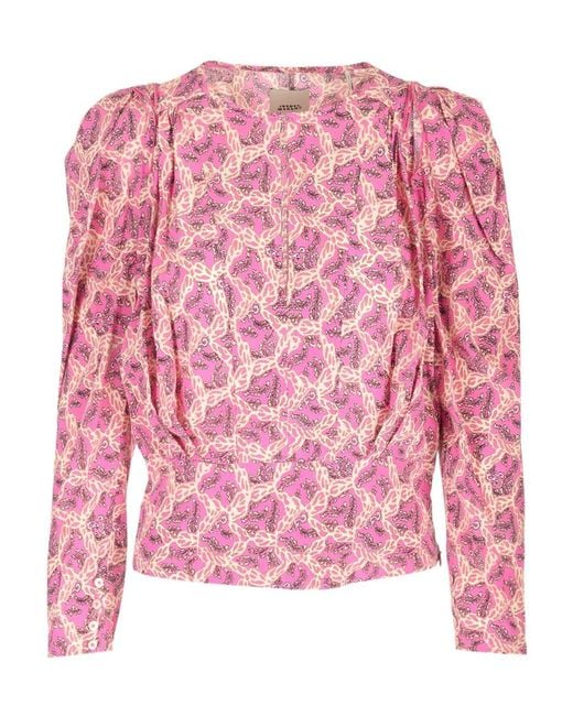 Isabel Marant Pink Floral Printed Long Puff-Sleeved Blouse