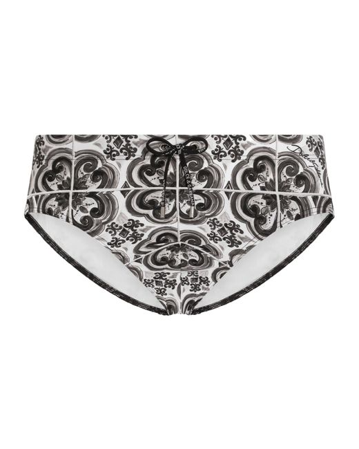 Dolce & Gabbana White Graphic Printed Drawstring Swim Trunks for men