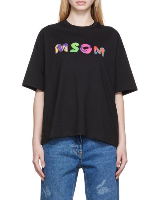 MSGM Black Logo-Print Round-Neck T-Shirt