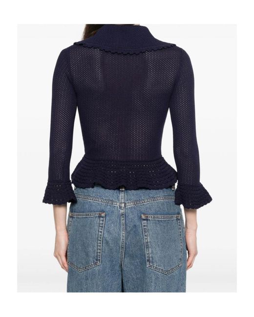 Self-Portrait Blue Charm-Detail Scalloped-Trim Buttoned Cardigan