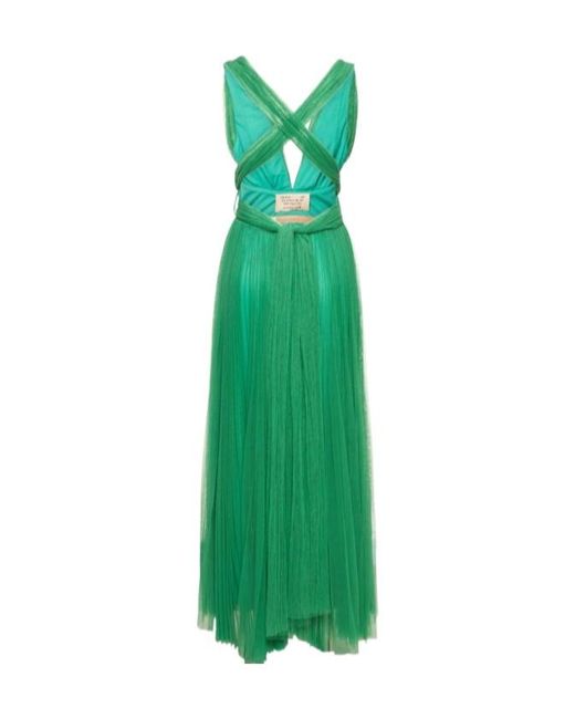 Maria Lucia Hohan Green Pleated Tulle Midi Dress W/ Low Back