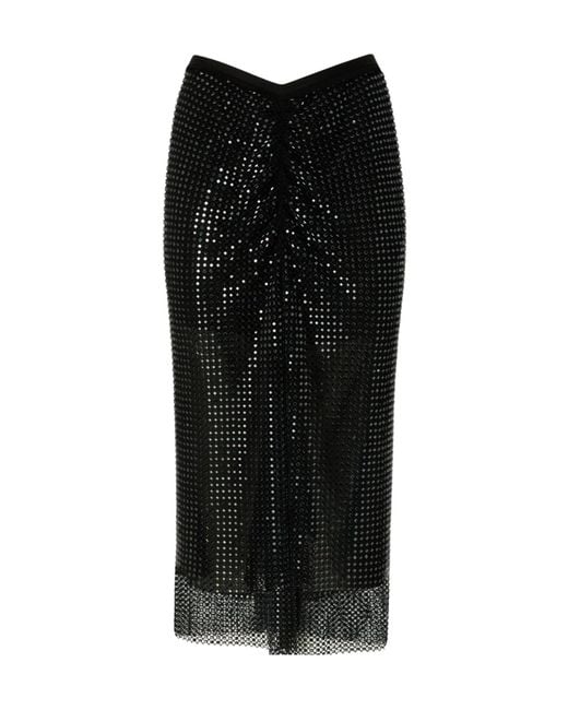 Pinko Black Mesh-Effect Calf-Length Skirt With Rhinestones