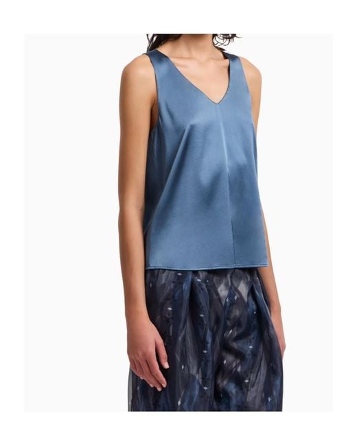 Emporio Armani Blue Silk Satin V-Neck Top