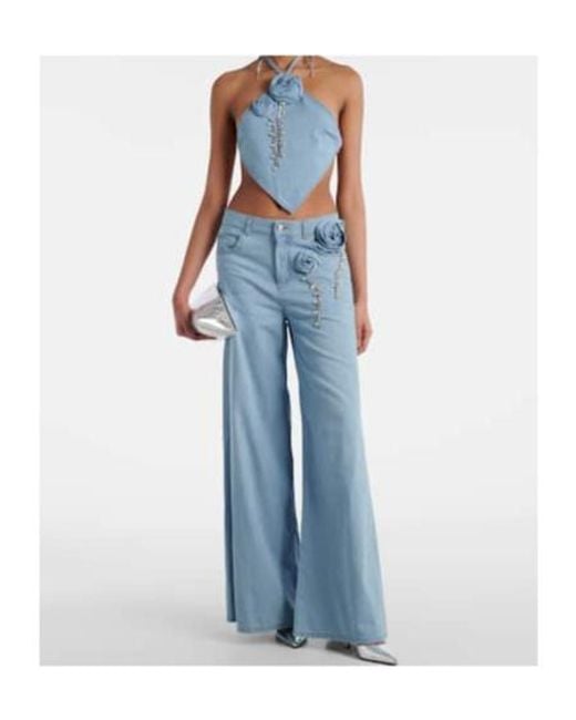 Area Blue Embellished Floral-Appliqué Cotton Top