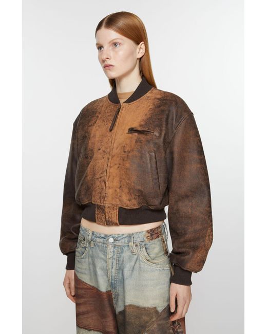 Acne Brown Abstract Printed Cropped Bomber Jacket