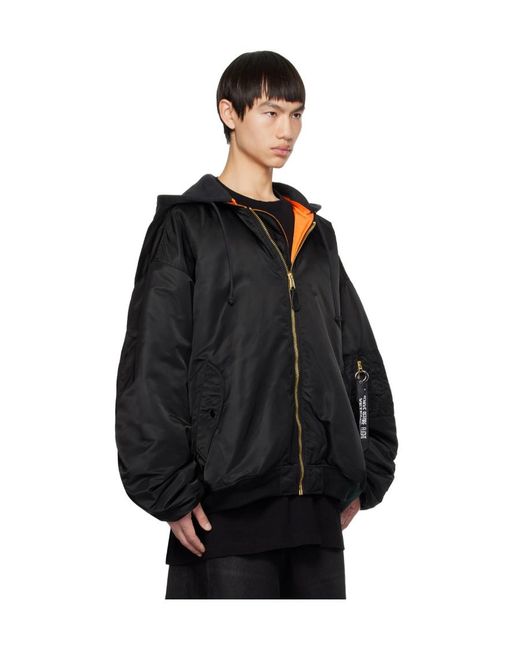 Vetements Black Hooded Bomber Jacket for men
