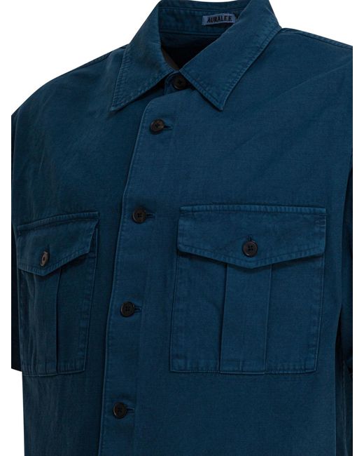 Auralee Blue Double-Pocket Cotton Shirt for men