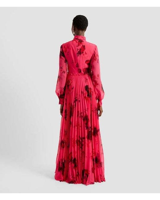 Erdem Red Pleated Floral-Print Voile Gown