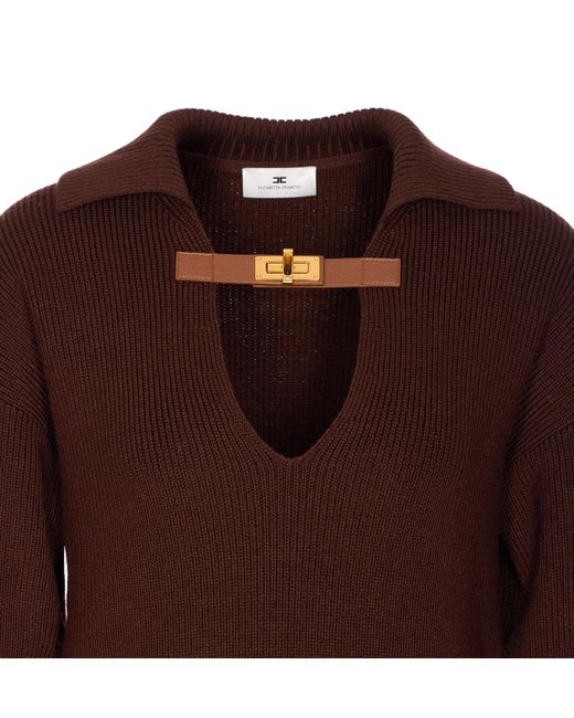 Elisabetta Franchi Brown Ribbed Knit Buckle-Detail Polo-Collar Jumper