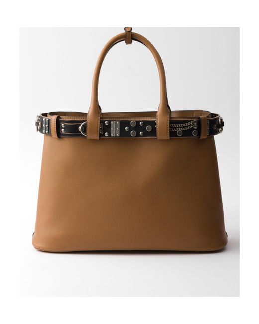Prada Brown Buckle Large Leather Bag With Studded Belt