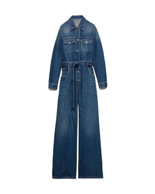 Prada Blue Belted Denim Jumpsuit