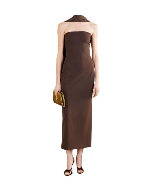 Solace London Brown Scarf-Detailed Crepe Midi Dress