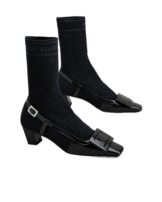 Roger Vivier Black Belle Vivier Sock Lacquered Buckle Ankle Boots
