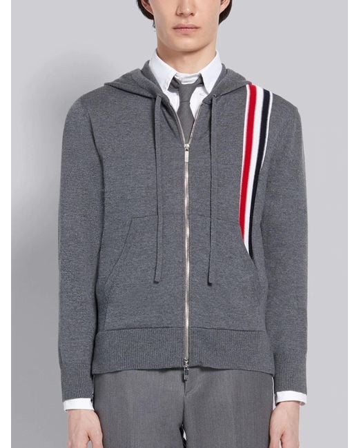Thom Browne Gray Intarsia-Knit Stripe Panel Hoodie for men