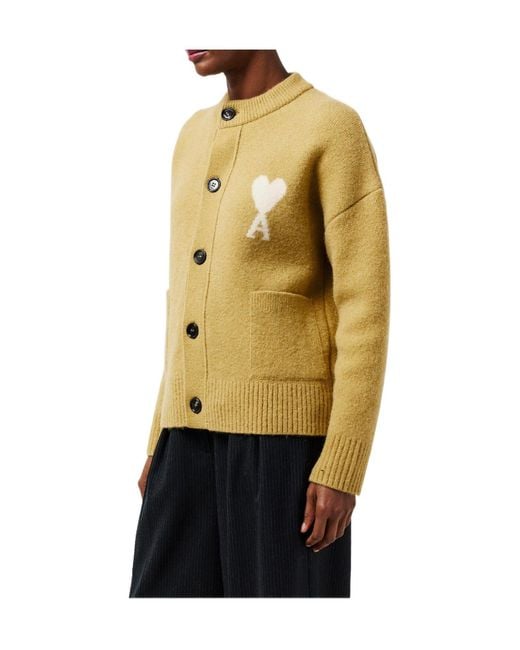 AMI Yellow Round-Neck Knit Cardigan