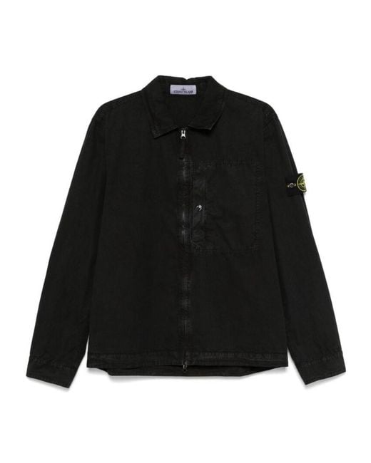 Stone Island Black Compass Patch Zip-Up Shirt Jacket for men
