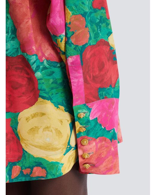 Balmain Multicolor Roses Printed Crepe Shirt Dress