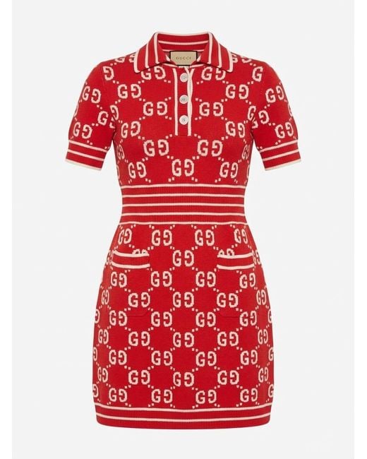 Gucci Red Monogram-print V-neck Cotton-blend Mini Dress