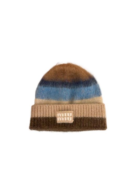 Miu Miu Blue Striped Logo-Patch Beanie Hat