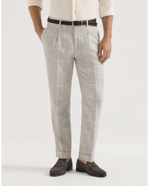 Brunello Cucinelli Gray Linen Prince Of Wales Trousers With Pleat for men