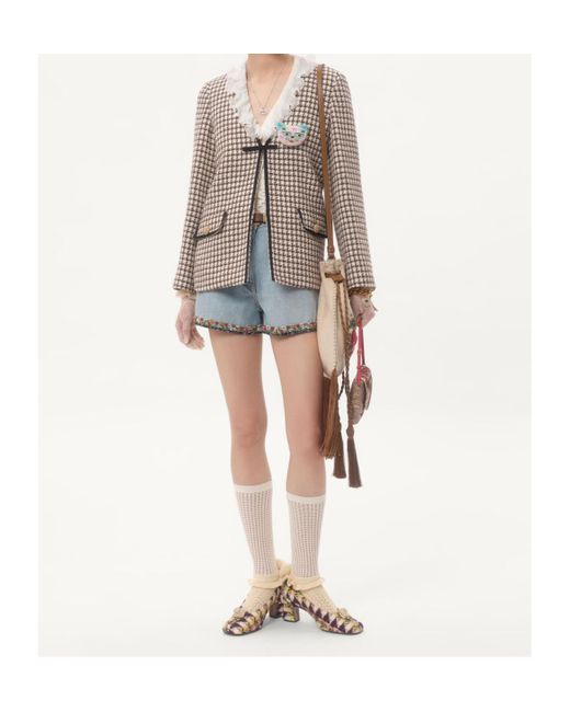 Valentino Natural Houndstooth V-Neck Tweed Jacket