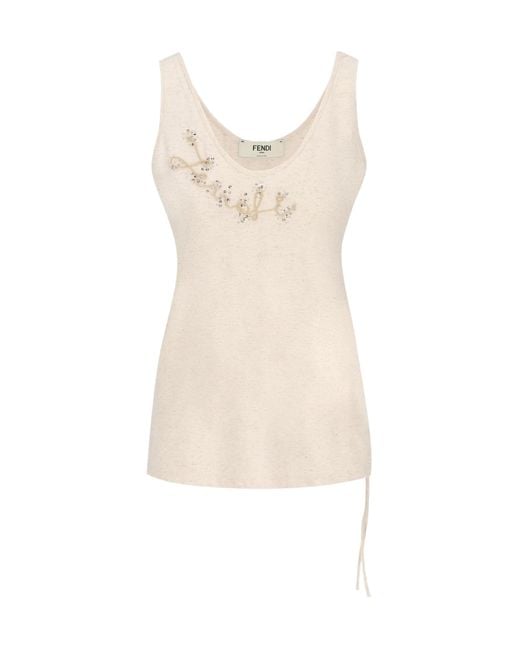 Fendi Natural Logo Detailed Embellished Tank Top