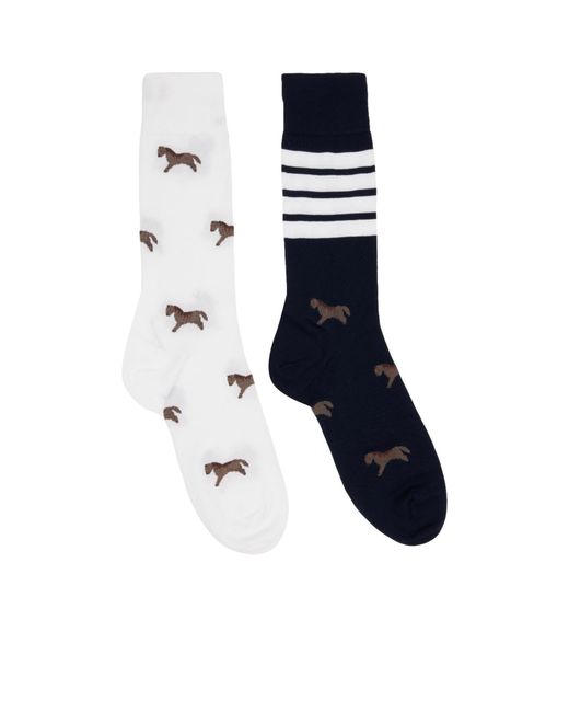 Thom Browne Blue Jacquard Pattern Mid-Calf Socks for men