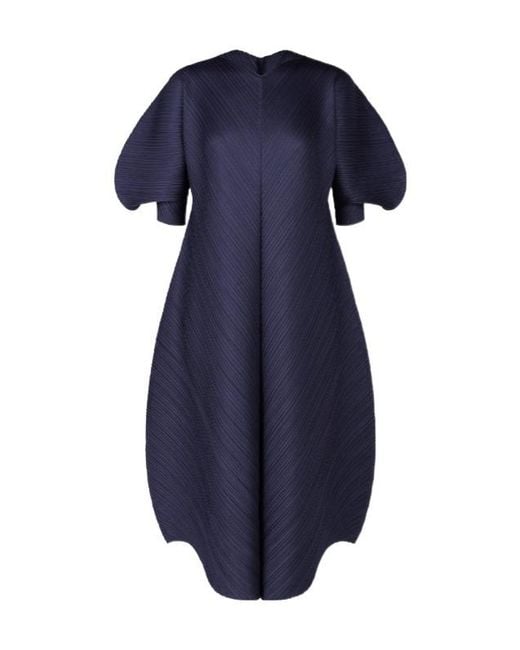 Pleats Please Issey Miyake Blue V-Neck Pleated Midi Dress